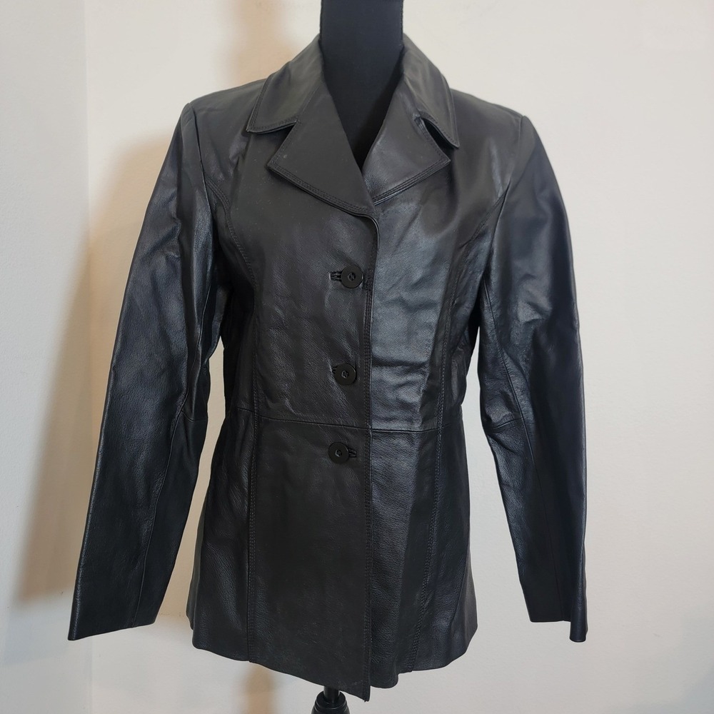 Worthington Womens Black Genuine Leather Blazer Jacket Coat Medium Emo Academia